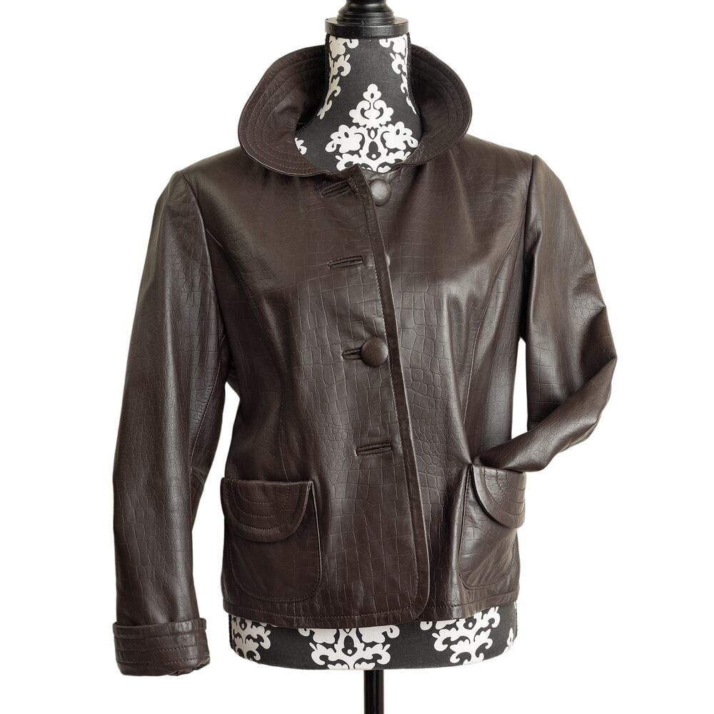 Rare Vintage Pendleton Petites Y2K Brown Crocodile Embossed Leather Jacket - L - Picture 4 of 12